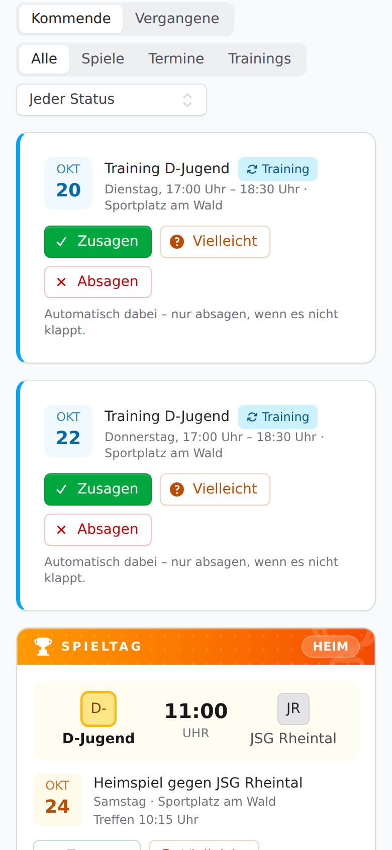 Termine einer Gruppe im Mitgliederportal mit Zu- und Absage