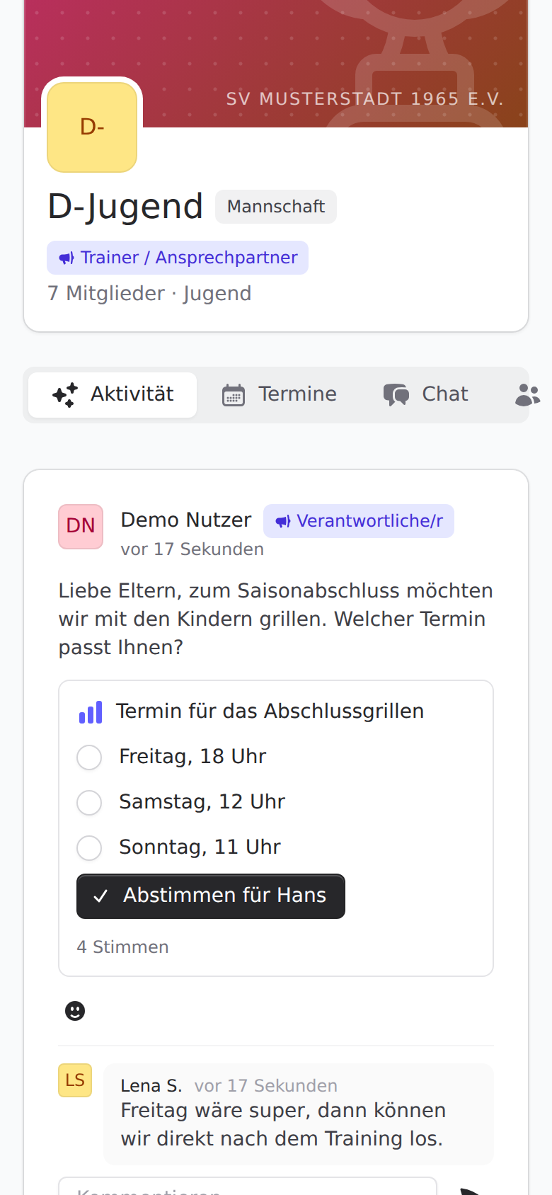 Gruppenseite im Mitgliederportal mit Beitrag, Umfrage und Kommentar