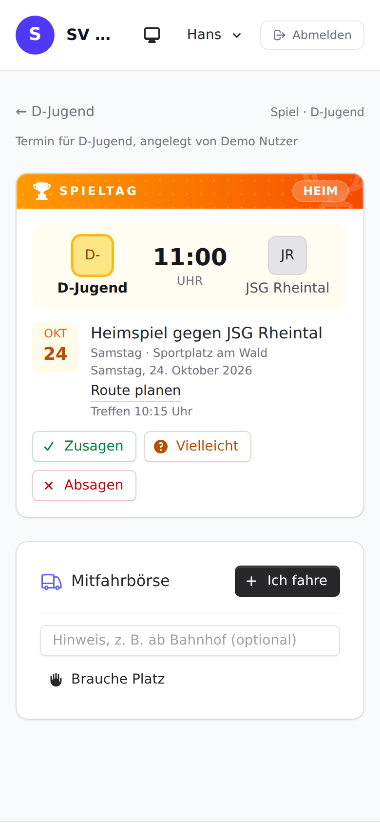 Spieltermin im Mitgliederportal mit Zusagen, Vielleicht und Absagen sowie der Mitfahrbörse